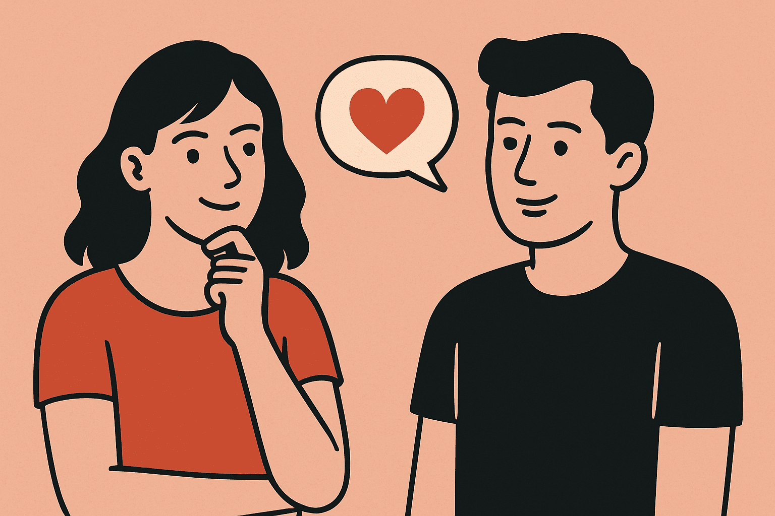 Zwei stilisierte Personen, ein Mann und eine Frau, unterhalten sich auf einem pfirsichfarbenen Hintergrund mit einer Sprechblase mit Herzsymbol – Illustration zum Thema Kommunikation über Sexualität beim Dating.