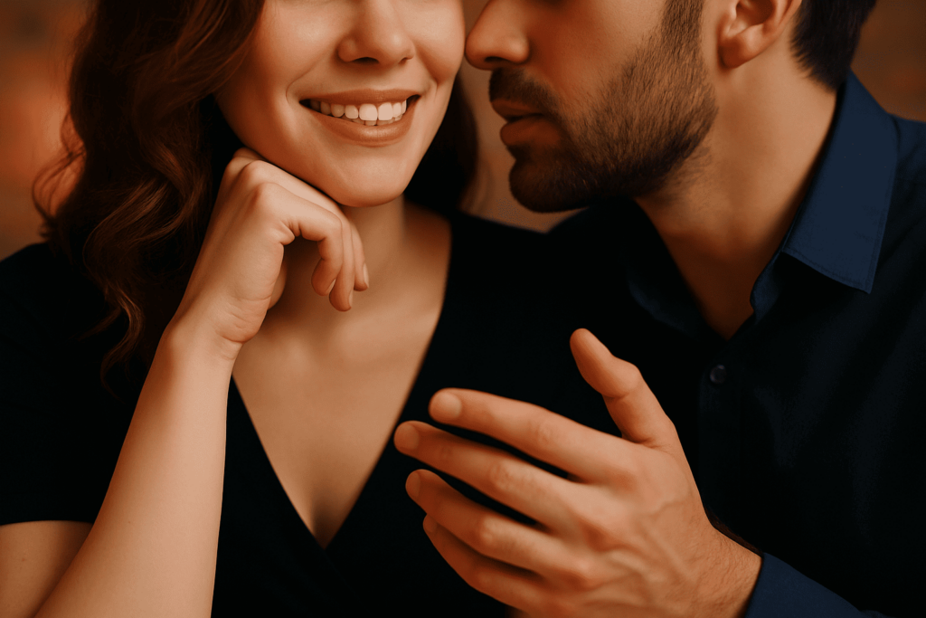 Nahaufnahme eines lächelnden Paares im Gespräch, mit warmer Beleuchtung und Fokus auf Gesichtsausdrücken und Gestik – symbolisiert Intimität und offene Kommunikation.